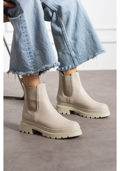 Bej Cilt Kadın Yanı Lastikli Bot K66
