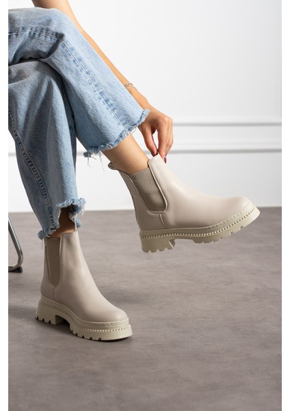 Bej Cilt Kadın Yanı Lastikli Bot K66 fiyatları