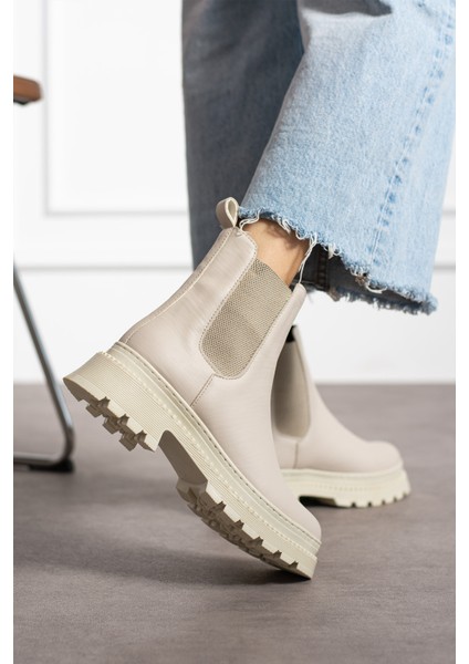 Bej Cilt Kadın Yanı Lastikli Bot K66 modelleri