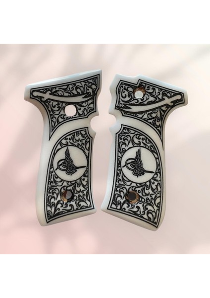 Yavuz 16 - Beretta F92 Osmanlı Tuğrası ve Zülfikar Kılıç Işlemeli Beyaz Sedef Kabze