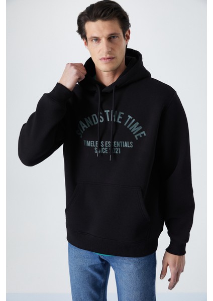 Wulf Erkek Organik Kumaşlı Içi Polarlı Yumuşacık Kanguru Cepli Kapüşonlu Siyah Sweatshirt