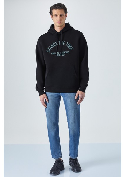 Wulf Erkek Organik Kumaşlı Içi Polarlı Yumuşacık Kanguru Cepli Kapüşonlu Siyah Sweatshirt