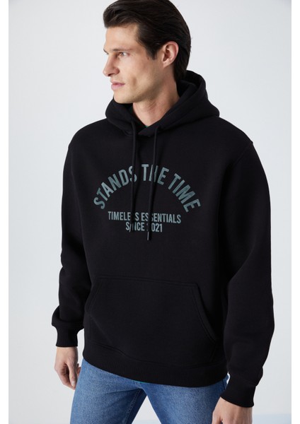 Wulf Erkek Organik Kumaşlı Içi Polarlı Yumuşacık Kanguru Cepli Kapüşonlu Siyah Sweatshirt