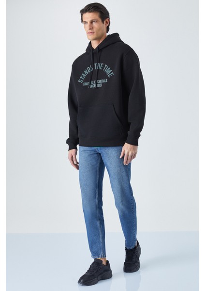 Wulf Erkek Organik Kumaşlı Içi Polarlı Yumuşacık Kanguru Cepli Kapüşonlu Siyah Sweatshirt