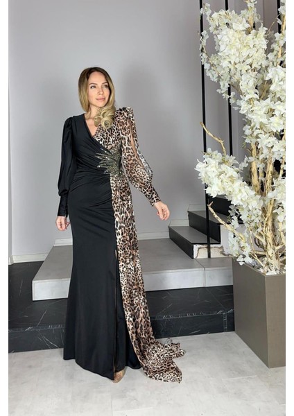 G1296 Leopar Detaylı Tasarım Abiye Elbise Siyah