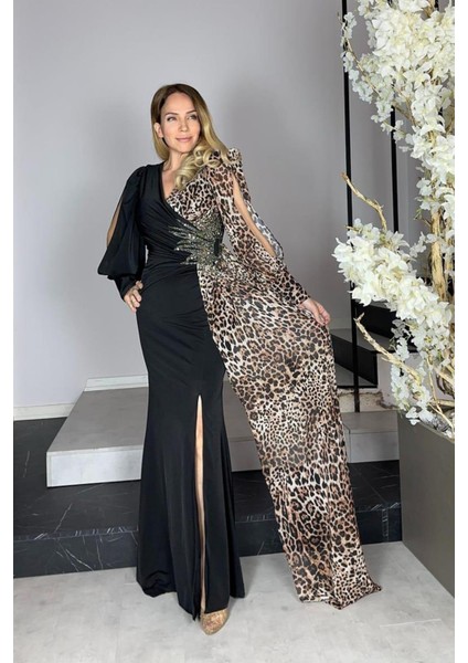 G1296 Leopar Detaylı Tasarım Abiye Elbise Siyah