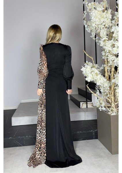 G1296 Leopar Detaylı Tasarım Abiye Elbise Siyah