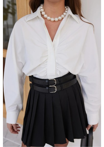 Beyaz Balon Kol Önden Büzgü Detaylı Crop Gömlek