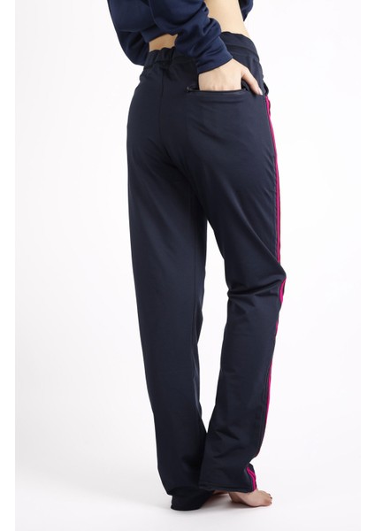 Kadın Lacivert Kumaş Fuşya Şeritli Ince Dalgıç Esnek Kumaş Cepli Yazlık Eşofman Altı 21KESAAKT2 indirimleri