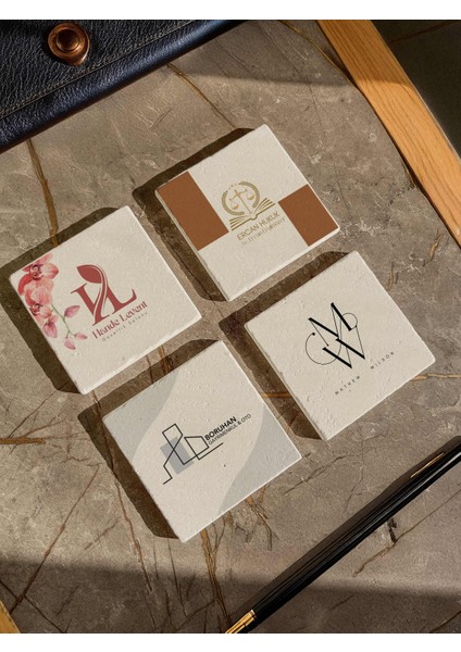 Kişiye Özel Logolu Taş Bardak Altlığı, Firma, Avukat, Emlak, Otel, Restoran, Iş Hediyesi 4lü