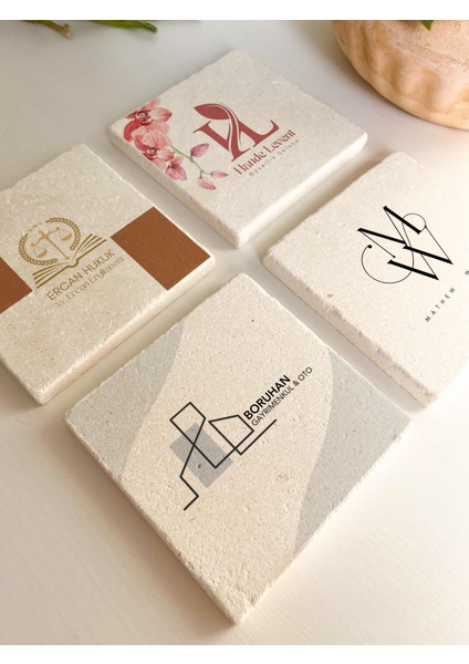 Kişiye Özel Logolu Taş Bardak Altlığı, Firma, Avukat, Emlak, Otel, Restoran, Iş Hediyesi 4lü modelleri