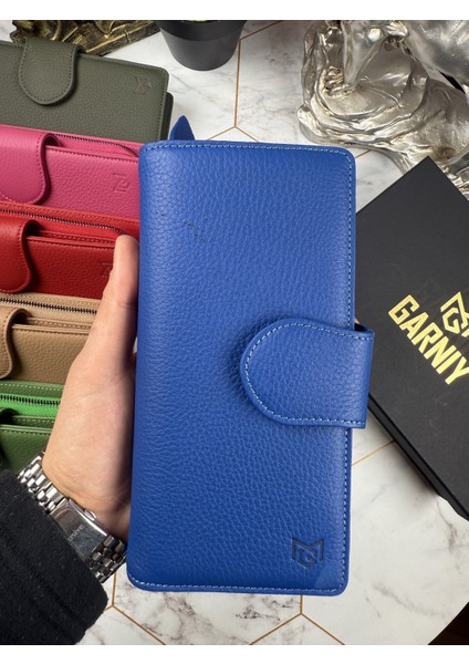 Deri Kadın Kartlıklı Kağıt & Bozuk Para Bölmeli Çok Gözlü Şık Mavi Kartlık Cüzdan 38724