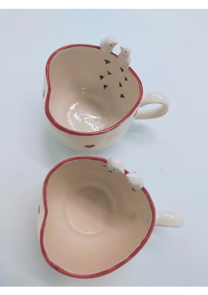 Aşık Kuşlar ve Kalp Desenli Desenli Fincan Seti ve Kalpli Sunumluk