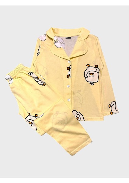 Kız Çocuk Pamuklu Sarı Civciv Yumurta Desenli Gömlek Yaka Düğmeli Mevsimlik Pijama Takımı