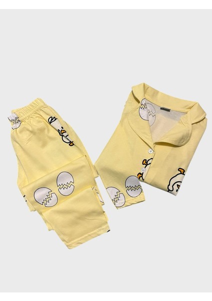 Kız Çocuk Pamuklu Sarı Civciv Yumurta Desenli Gömlek Yaka Düğmeli Mevsimlik Pijama Takımı