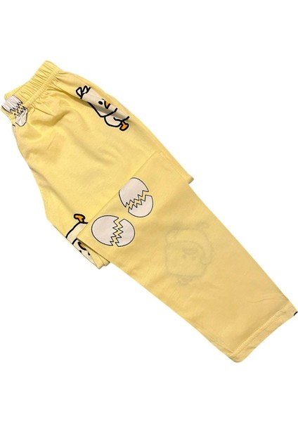 Kız Çocuk Pamuklu Sarı Civciv Yumurta Desenli Gömlek Yaka Düğmeli Mevsimlik Pijama Takımı