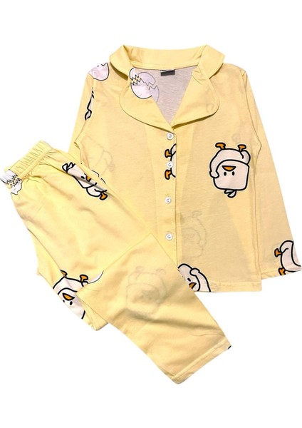 Kız Çocuk Pamuklu Sarı Civciv Yumurta Desenli Gömlek Yaka Düğmeli Mevsimlik Pijama Takımı