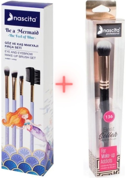 4' lü Göz ve Kaş Makyajı Fırça Seti NasBrushSet92R + Oval Yapılı Kapatıcı Fırçası Nasbrush 136