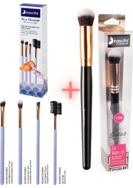 4' lü Göz ve Kaş Makyajı Fırça Seti NasBrushSet92R + Oval Yapılı Kapatıcı Fırçası Nasbrush 136