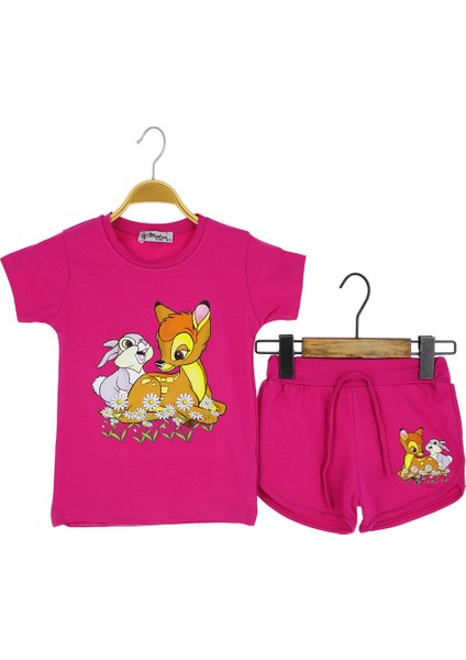 Kız Çocuk Şortlu Takım Tavşan Ceylan Baskılı