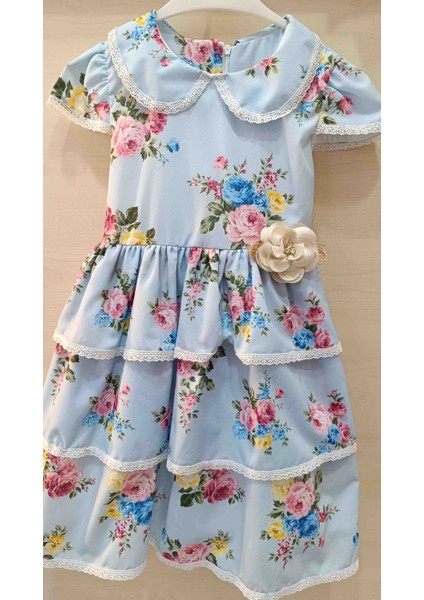 Kız Çocuk Ciçekli Kat Kat Mavi Şifon Elbise