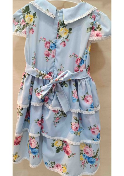 Kız Çocuk Ciçekli Kat Kat Mavi Şifon Elbise fiyatları