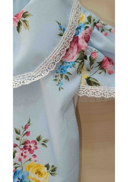 Kız Çocuk Ciçekli Kat Kat Mavi Şifon Elbise modelleri