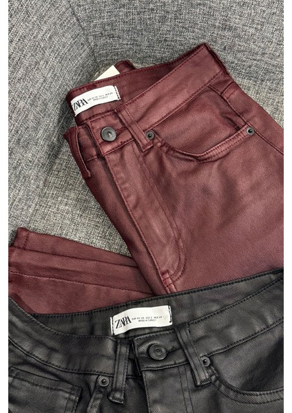 Kaplamalı Boyfit Jean- Bordo fiyatları