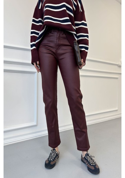 Kaplamalı Boyfit Jean- Bordo modelleri