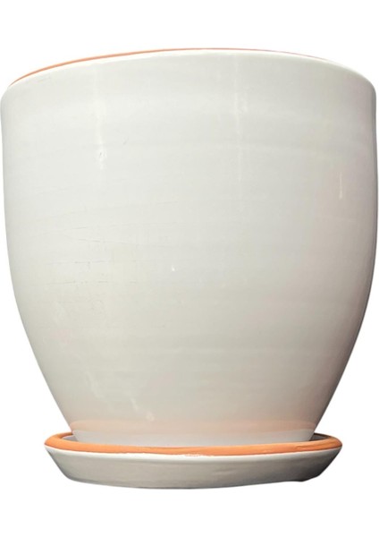 Solina Beyaz Çift Sırlı Iç ve Dış Mekan Kullanımlı Toprak Terrakota Tabaklı Saksı
