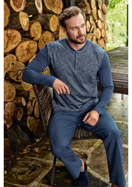 Aydoğan Erkek Jakarlı Kumaş Uzun Kollu Pijama Takımı - %100 Pamuk, Mevsimlik, Antrasit Gri