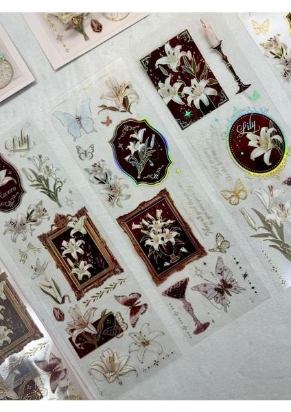 Beyaz Çiçek Desenli 3 Yaprak 49 Adet Altın Yaldızlı Şeffaf Pet Sticker/Etiket/Çıkartma/Bullet Journal indirimleri
