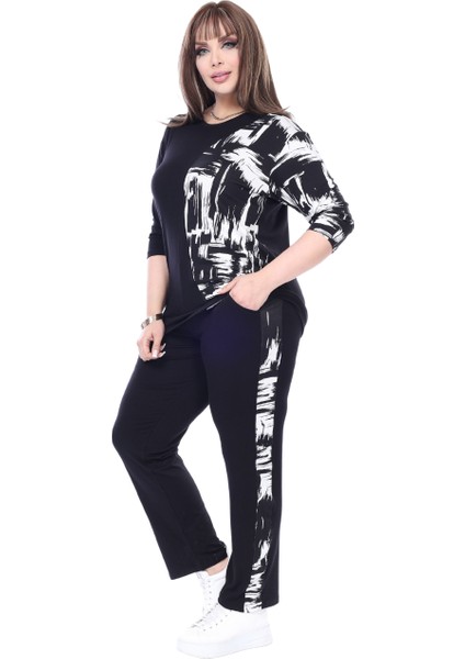 Butik Siyah Truvakar Kol Yarım Fırça Garnili Viskon Büyük Beden Takım