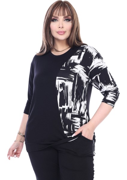 Butik Siyah Truvakar Kol Yarım Fırça Garnili Viskon Büyük Beden Takım