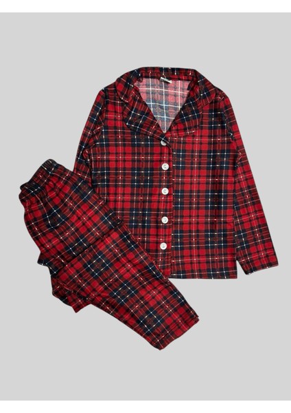 Kız Çocuk Pamuklu Süet Kumaş Kırmızı Ekose Desenli Gömlek Yaka Düğmeli Uzun Kollu Pijama Takımı
