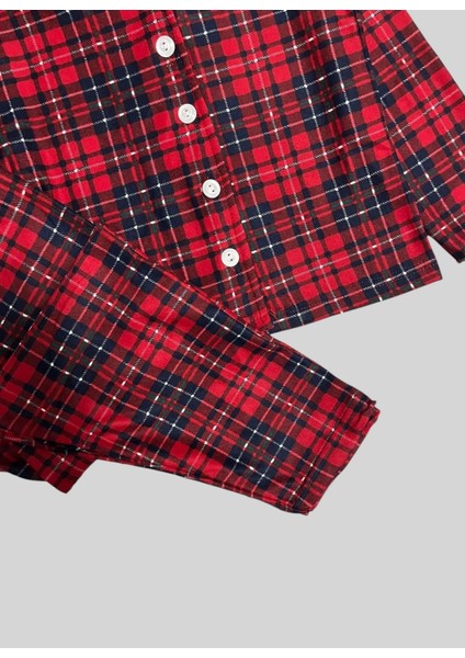 Kız Çocuk Pamuklu Süet Kumaş Kırmızı Ekose Desenli Gömlek Yaka Düğmeli Uzun Kollu Pijama Takımı
