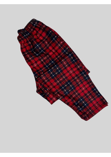 Kız Çocuk Pamuklu Süet Kumaş Kırmızı Ekose Desenli Gömlek Yaka Düğmeli Uzun Kollu Pijama Takımı