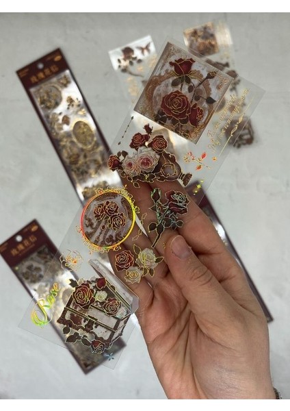Bordo Çiçek Desenli Altın Yaldızlı Şeffaf Pet Sticker/çıkartma/bullet Journal fiyatları