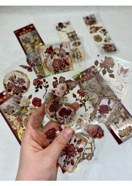 Bordo Çiçek Desenli Altın Yaldızlı Şeffaf Pet Sticker/çıkartma/bullet Journal fırsatları