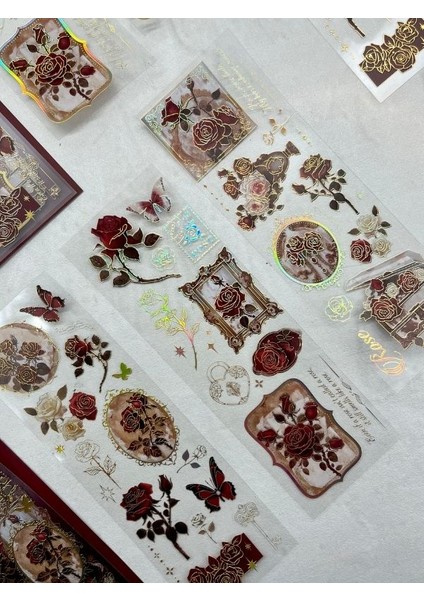 Bordo Çiçek Desenli Altın Yaldızlı Şeffaf Pet Sticker/çıkartma/bullet Journal indirimleri