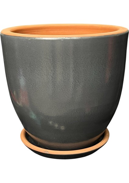 Solina Gri Çift Sırlı Iç ve Dış Mekan Kullanımlı Toprak Terrakota Tabaklı Saksı