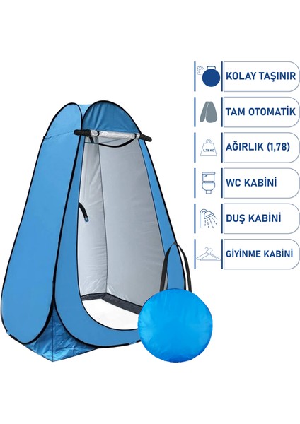 Otomatik Kamp Çadırı -Kabin Çadır - Duş / Giyinme / Kamp Tuvalet Çadırı - 120X120X190 Mavi