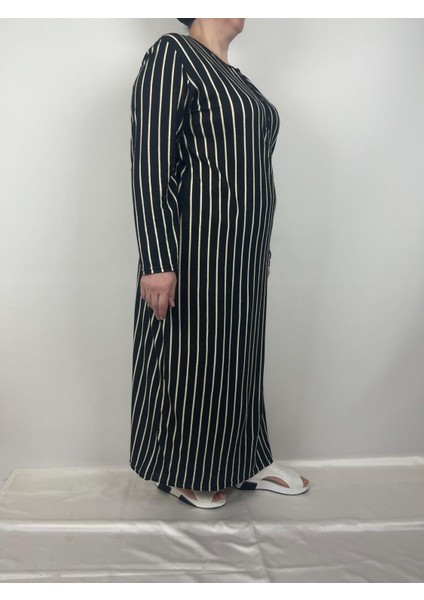 Kadın Siyah Bej Çizgili Desen Düğmeli Yaka Uzun Kollu Mevsimlik Anne Elbise