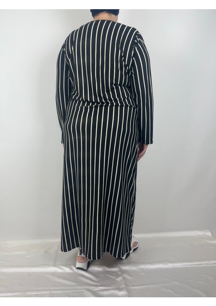 Kadın Siyah Bej Çizgili Desen Düğmeli Yaka Uzun Kollu Mevsimlik Anne Elbise modelleri