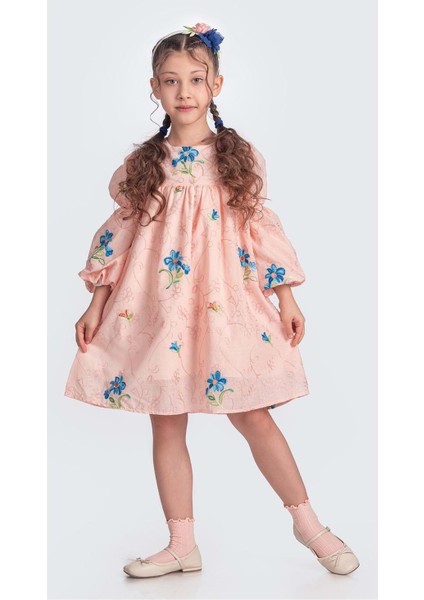 Otantik Akdeniz Çiçek Nakışkız Çocuk Müslin Elbise M00706