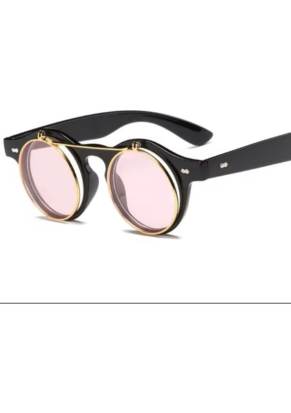 Yuvarlak Steam Punk Çift Lens Yukarı Açılır Pencere Pembe Güneş Gözlüğü
