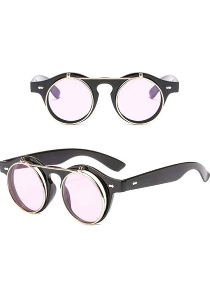 Yuvarlak Steam Punk Çift Lens Yukarı Açılır Pencere Pembe Güneş Gözlüğü