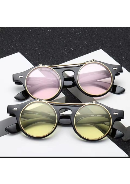 Yuvarlak Steam Punk Çift Lens Yukarı Açılır Pencere Pembe Güneş Gözlüğü