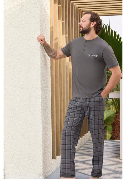 Aydoğan Erkek Yarım Düğmeli Kısa Kollu Pijama Takımı – Authentic Baskılı, Ekose Desenli Alt fiyatları