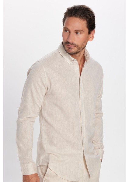 Erkek Slim Fit Dar Kesim Uzun Kollu Keten Premium Seri Düğmeli Yaka Spor Bej gömlek